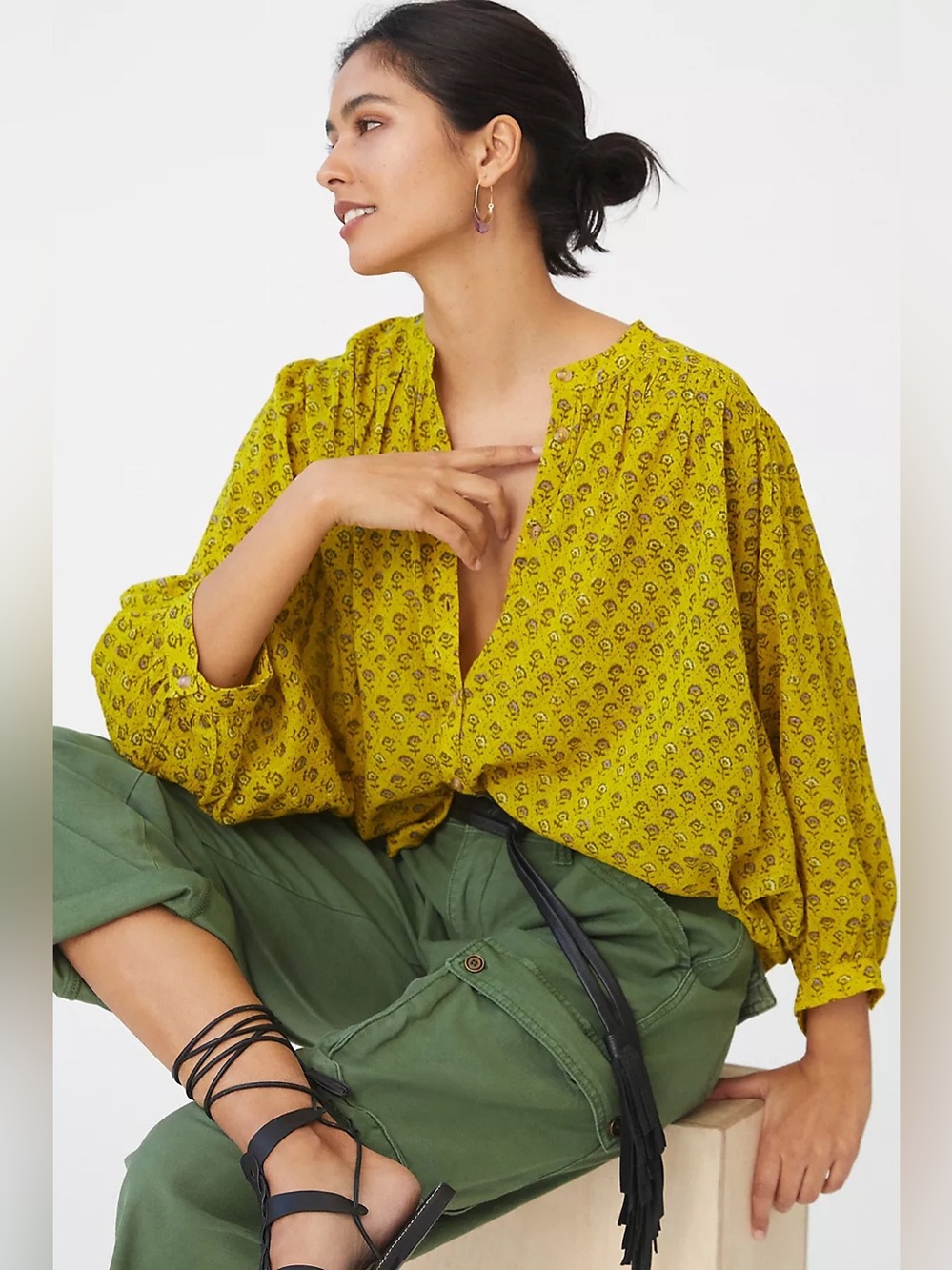 Anthropologie Pilcro 100% Cotton Batwing Sleeve Button Front Blouse Lime Green